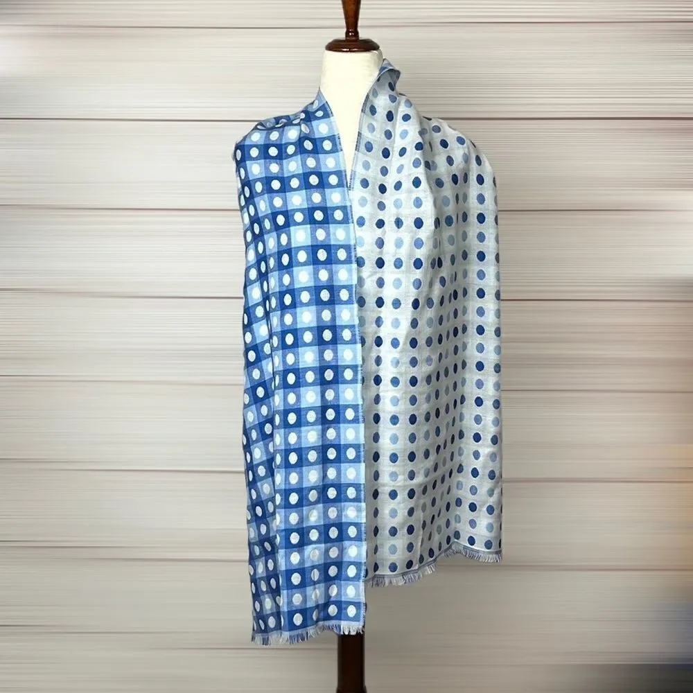 NWT TALBOTS Wool Blend Blue White Polka Dot Check Fringe Trim Wrap Scarf